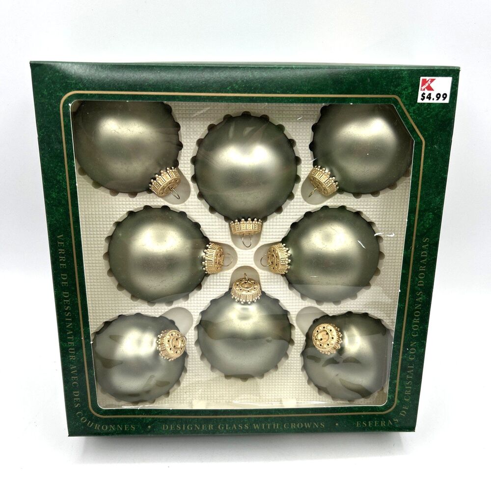 VTG Christmas by Krebs Designer Glass Ornaments/8 Sage Green Gold Crowns USA